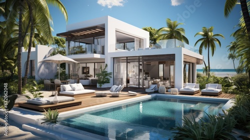 Exterior white modern villa and swimming pool on the beach and sea view.beautiful summer landscape with blue sky background. Generative Ai © Areerat