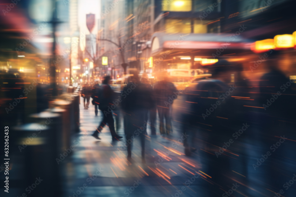 City life, rush hour, evening bustle. Defocus people and cars, motion blur