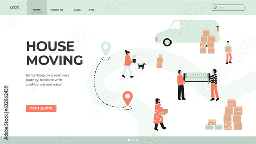 House move landing page. Happy couple moving into new apartment. Stack of boxes, interior flat vector illustration. New home, property buying, relocation concept for banner, website design.