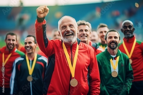 old man winning champion medal in stadium for sport, victory celebration with team of athletes award for achievement in sport competition with smile © Salsabila Ariadina