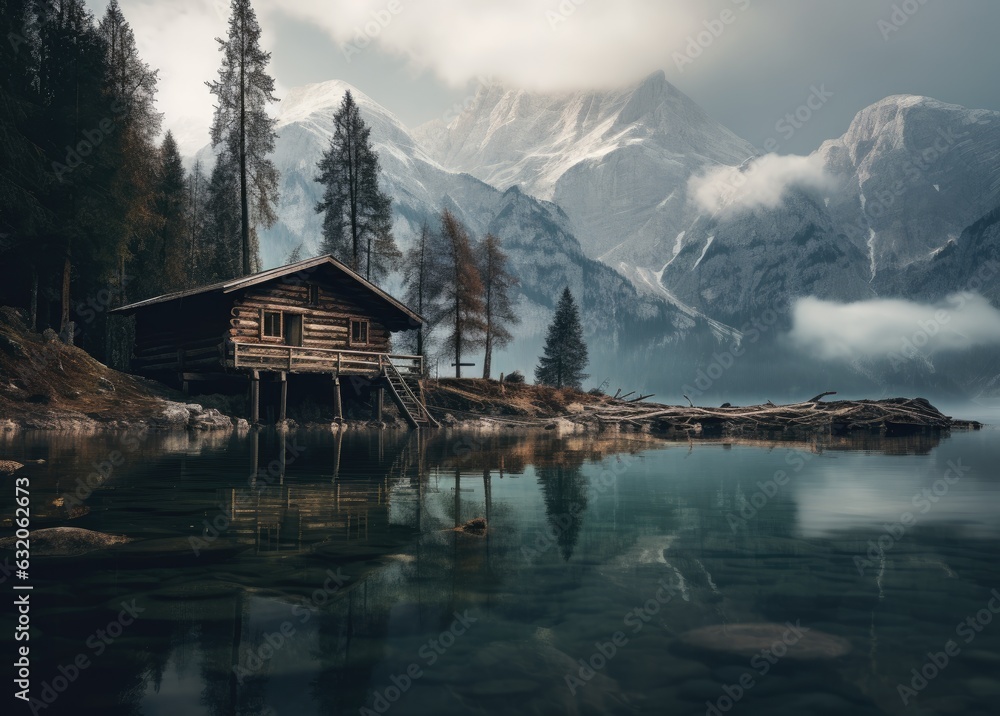 old cabin on the side of a lake in the mountains - created using generative AI tools
