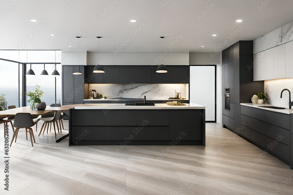 Luxury open plan black kitchen with marble benchtop Luxury open plan black kitchen with marble benchtop