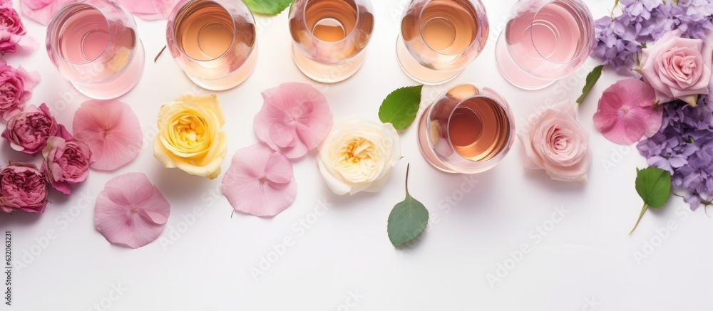 A variety of different shades of rose wine are arranged in glasses on a white background, along with a spring blossom flower. This top-view flat-lay image is ideal for wine shops, bars, tastings, A variety of different shades of rose wine are arranged in glasses on a white background, along with a spring blossom flower. This top-view flat-lay image is ideal for wine shops, bars, tastings,