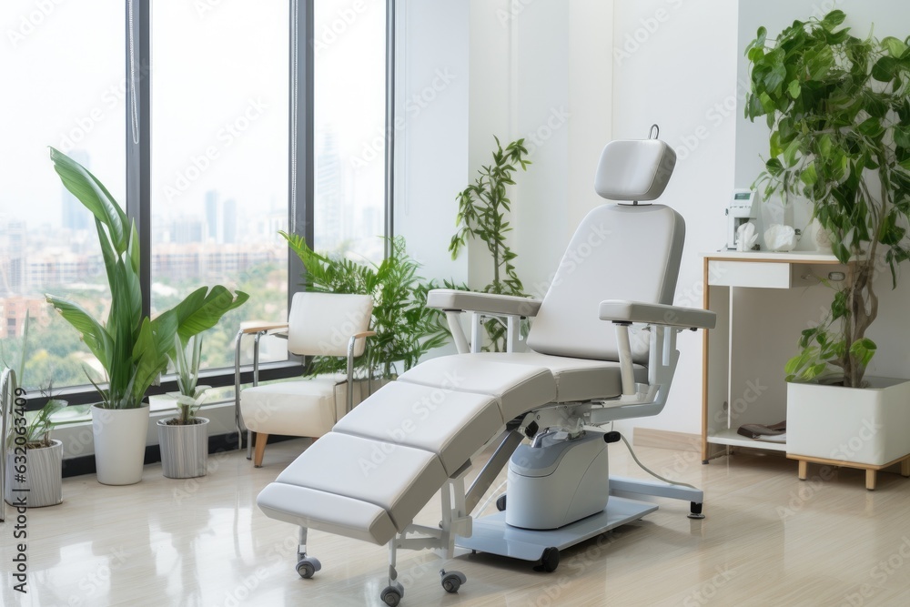 Dental clinic chair at clinic, cute interior for kid. Generative AI Dental clinic chair at clinic, cute interior for kid. Generative AI