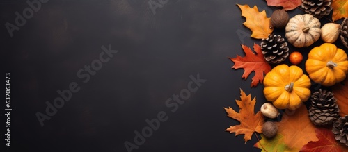 Photo A cozy flat lay image of an autumn-themed frame filled with natural pine cones, pumpkins, dried leaves, and a pumpkin latte on a dark grey stone surface