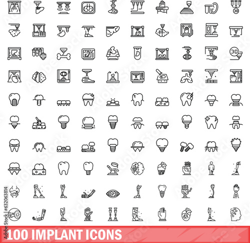 100 implant icons set. Outline illustration of 100 implant icons vector set isolated on white background