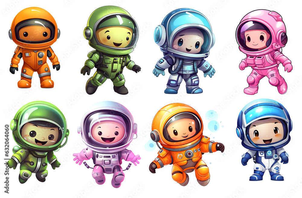 cute Astronaut Clip Art Set, Sticker on isolated background, generated ai cute Astronaut Clip Art Set, Sticker on isolated background, generated ai