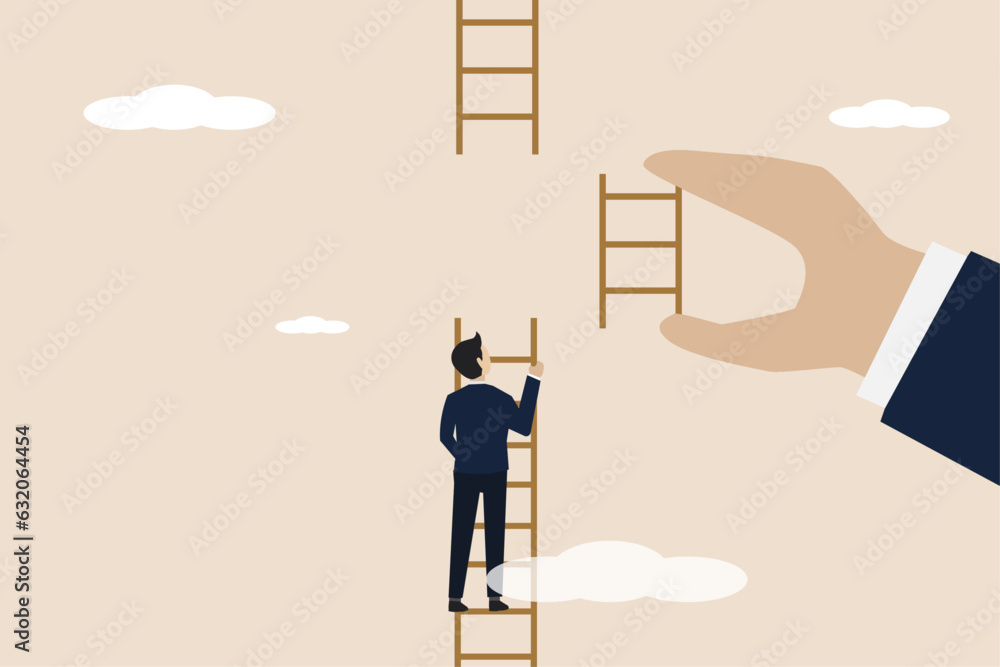 Φωτογραφία Business support to reach career target or help to climb ladder of success concept, businessman climbing to top of broken ladder with big helping hand to connect higher ladder