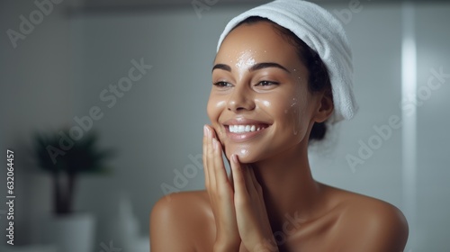 Beautiful young woman happy smile with her smooth skin clean young clear skin in spa bath towel looking at the mirror. Beauty treatment, body and hair care. Girl after taking bath shower at home