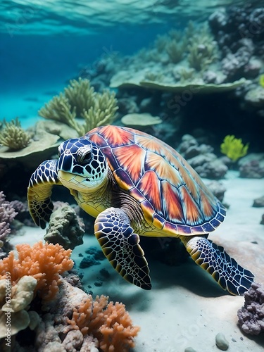Image of a hawksbill turtle swimming under the sea. generative AI.