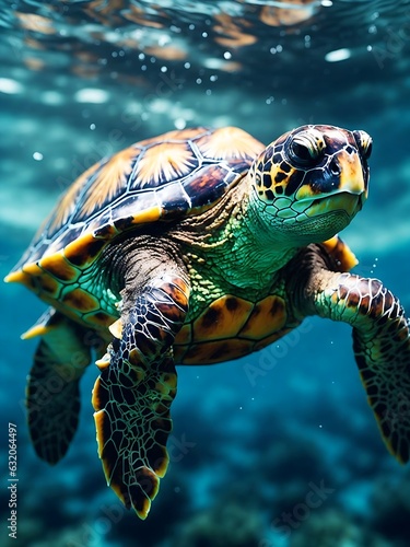 Image of a hawksbill turtle swimming under the sea. generative AI.