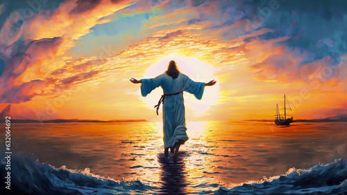 The figure of Jesus walks on water on a beautiful dramatic sunset background. Biblical theme concept.