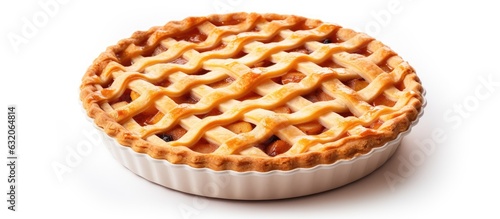 An American Thanksgiving lattice pie is depicted on a white background. The fruit tart is homemade with a golden crust. is a close-up and empty space for text. photo
