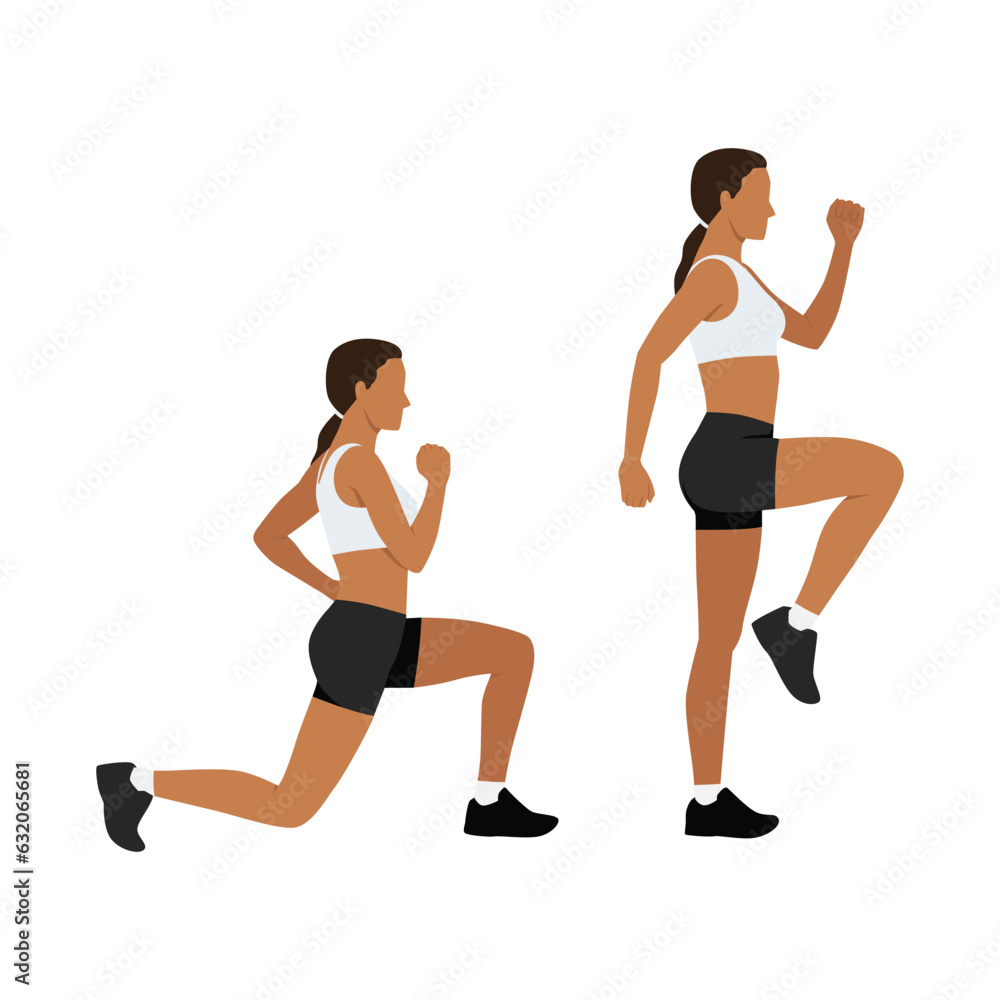 Woman doing Lunge step ups exercise. Workout for the buttocks and hips. Flat vector illustration isolated on white background Woman doing Lunge step ups exercise. Workout for the buttocks and hips. Flat vector illustration isolated on white background