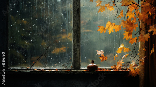 Fotografia Artistic backdrop of damp autumn foliage: A window capturing the essence of fall with rain droplets and a solitary autumn leaf