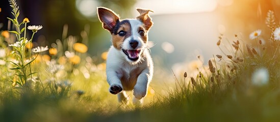 Happy and energetic Jack Russell pet dog puppy running in the grass during the summer. This web banner has copy space.