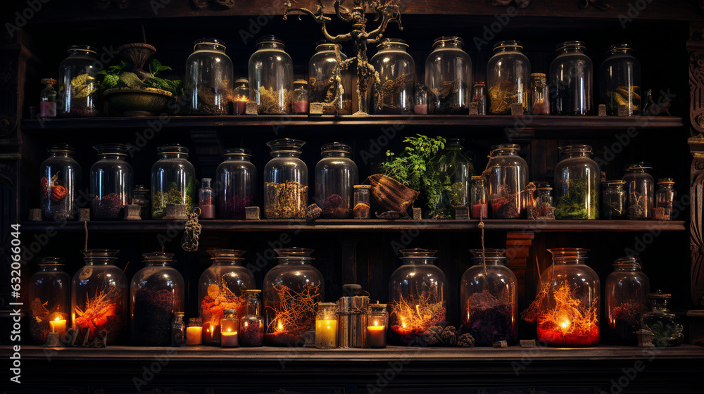 Witch's Apothecary: A mesmerizing display of potion-filled glass jars and mystical ingredients, complete with floating spell books and flickering candles, creating an aura of magic Generative AI
