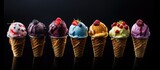 A dark background showcases cone cups filled with rolled ice cream in different flavors, either viewed from the top or laid flat. Originating from Thailand, this style of ice cream is presented with