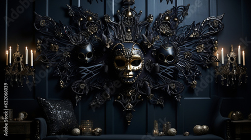 Halloween Masquerade Wall: Hang masquerade masks with a spooky twist â€“ fangs, horns, and skull motifs. Invite guests to choose a mask as they enter, setting the tone for a mysterio Generative AI photo