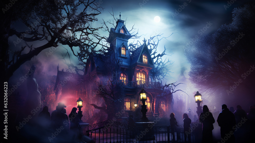 A haunted mansion stands tall amidst swirling mist, its windows radiating an otherworldly glow while costumed guests dance inside at a magical masquerade. Generative AI