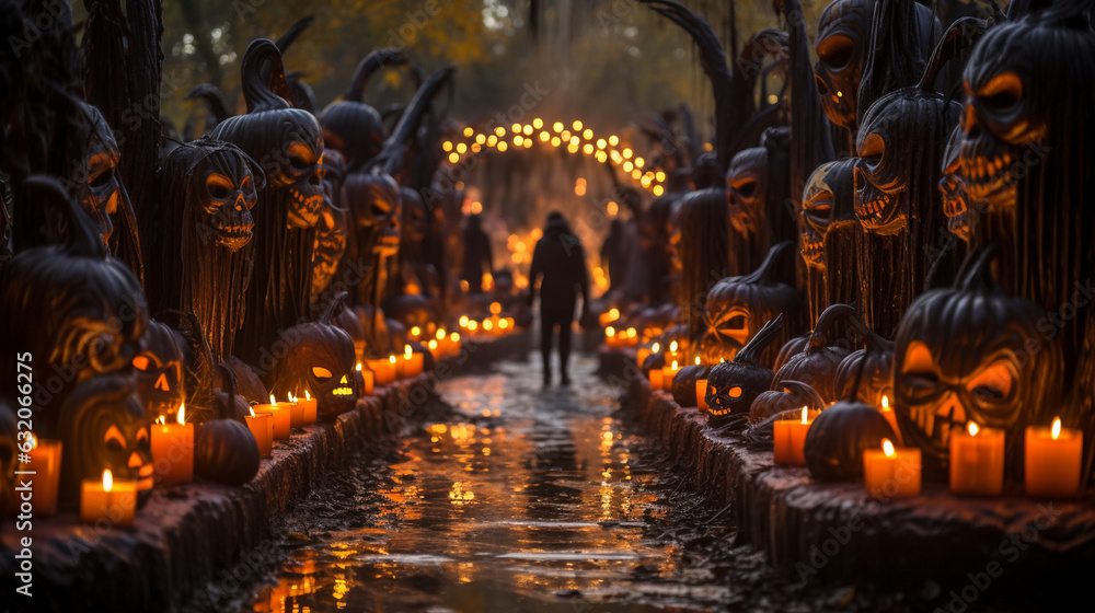 A circle of carved pumpkins alight with flickering candles becomes a gateway to the spirit world, inviting spectral visitors to partake in the Halloween festivities. Generative AI