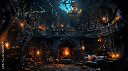 Fotografie, Obraz In a cozy library within a haunted castle, a storyteller regales an audience of curious spirits with captivating tales of Halloween lore and legend