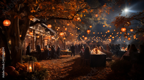 Underneath a bewitched harvest moon  a grand masquerade ball unfolds in a secret garden  where masked guests dance to enchanting music surrounded by glowing pumpkins and twinkling Generative AI