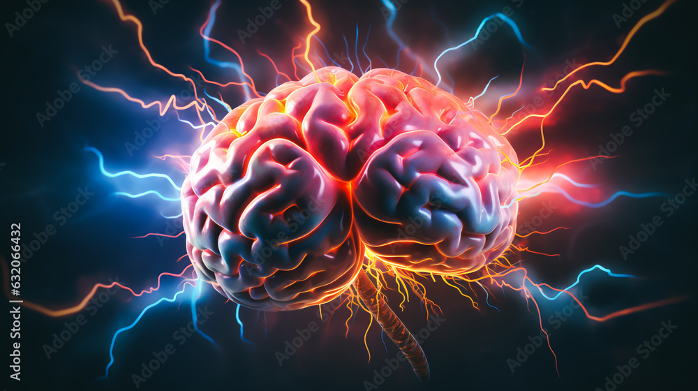 A multicolored brain with lightning-like, throbbing patterns symbolizing migraines A multicolored brain with lightning-like, throbbing patterns symbolizing migraines