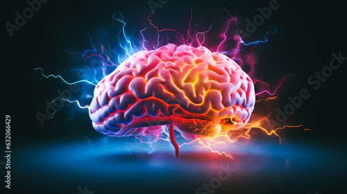 A multicolored brain with lightning-like, throbbing patterns symbolizing migraines