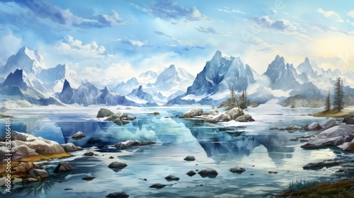 Snowy landscape with glaciers in arctic waters. Incredible scenery of snowy mountains and a clear blue lake. Generative AI