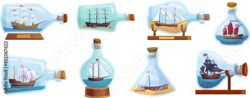 Sailboats in bottles. Miniature models marine ships inside glass bottle with sea water or sand, craft sail boat toy in jar cork for tourist