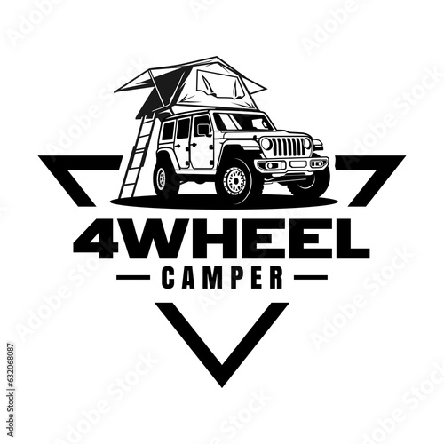 Camping car logo vector illustration. Black and white in color, triangular in shape, has a tent above. Perfect for use as logos, posters, stickers, and t-shirts.