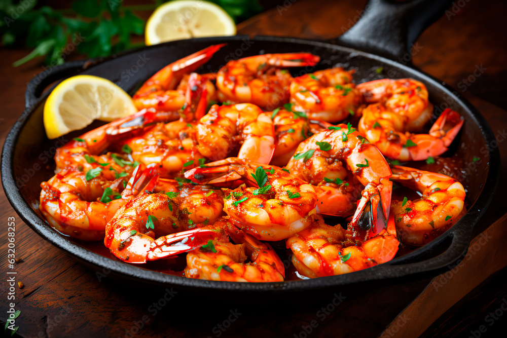 Cooked shrimps. A dish with shrimps. Delicious shrimps