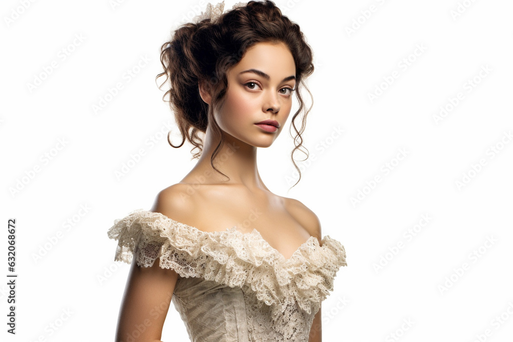 Beautiful lady in Victorian era dress on white background