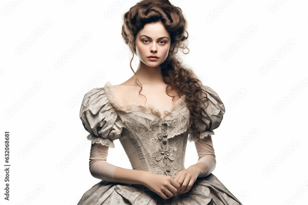 Beautiful lady in Victorian era dress on white background Beautiful lady in Victorian era dress on white background