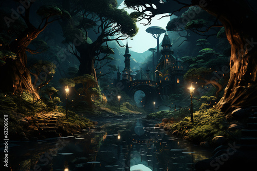 illustration of mysterious river in fairy tale forest at midnight with moonlight