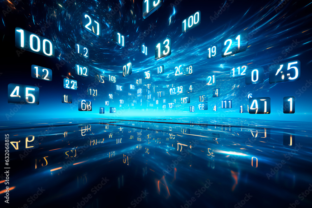Fototapeta premium Abstract blue background with numbers. blue waves and glow