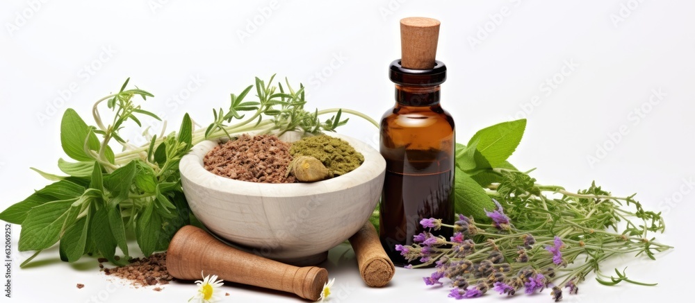 Φωτογραφία herbal medicine is represented by a photo showing medicinal herbs being crushed in a mortar and pestle, alongside a bottle of organic essential oil and herbal pills