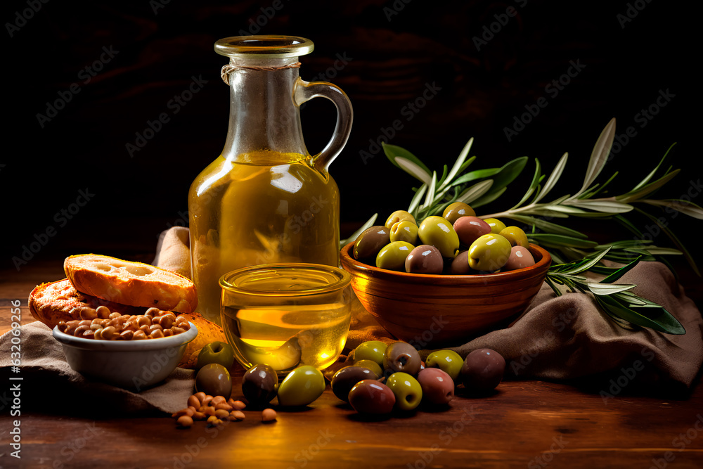 Olives and olive oil on a wooden table Olives and olive oil on a wooden table