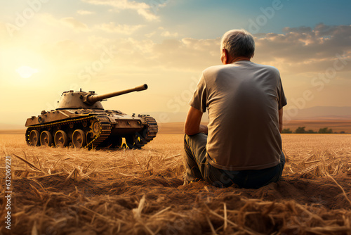A farmer watches a tank drive through his wheat field photo
