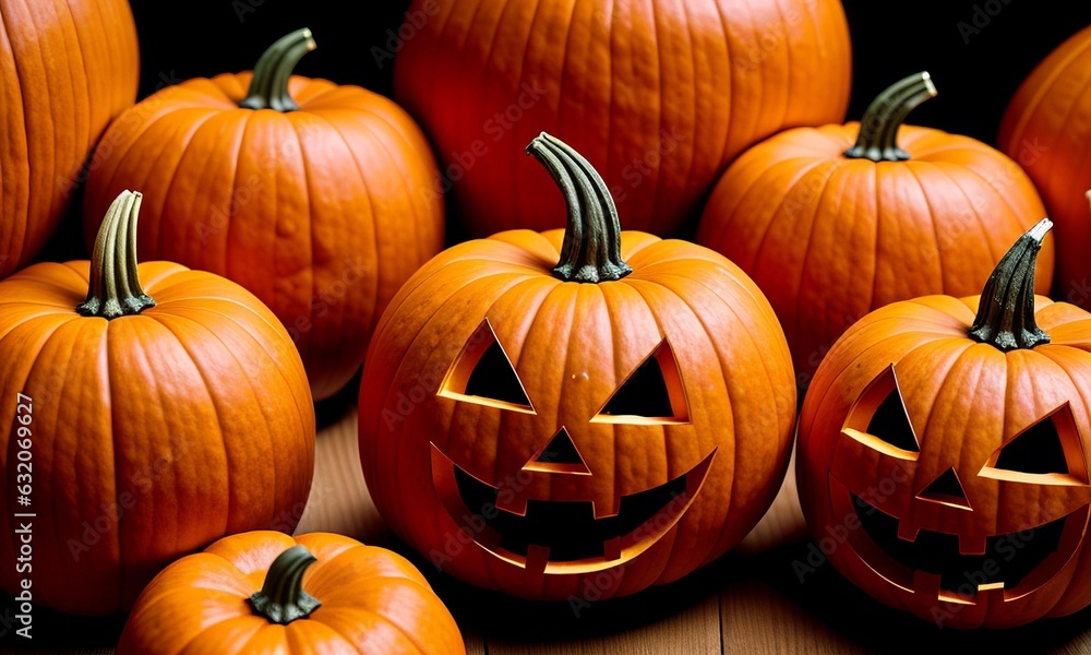 Jack-o-Lanterns and Pumpkins on a Black Background Jack-o-Lanterns and Pumpkins on a Black Background