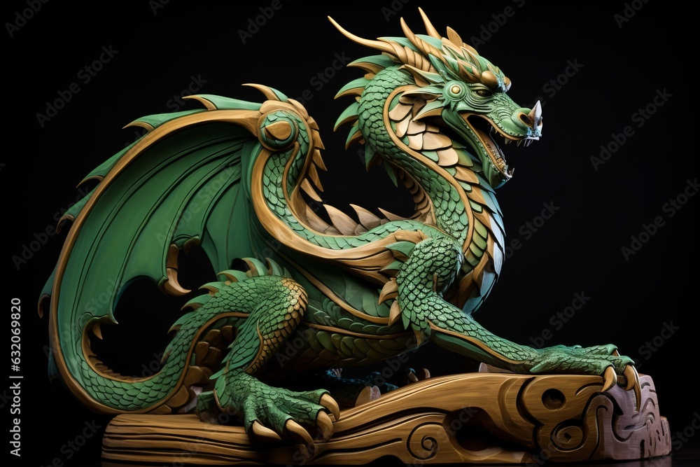 Green wooden dragon as a symbol of the 2024 year. Fantasy style.