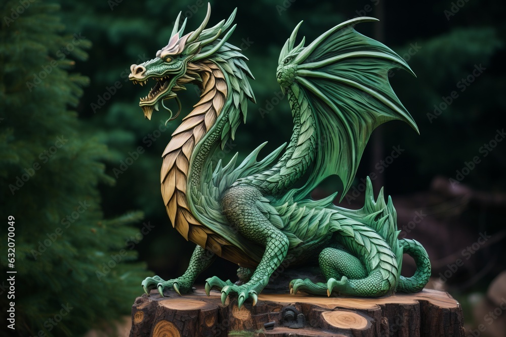 Obraz premium Green wooden dragon as a symbol of the 2024 year. Fantasy style.