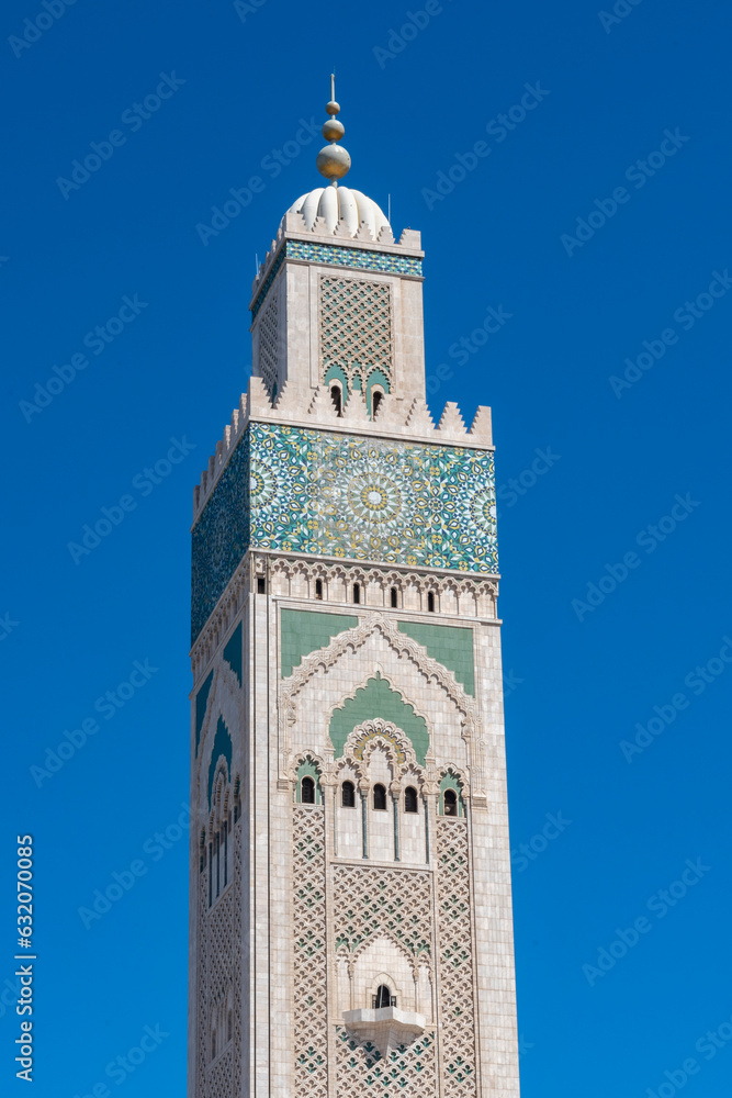 View of the 210m high minaret of the Hassan II mosque in Casablanca
