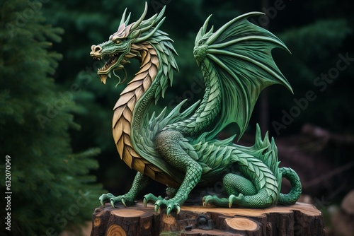 Green wooden dragon as a symbol of the 2024 year. Fantasy style. © Denis