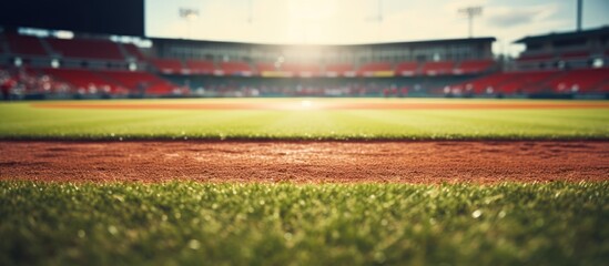 showcases a baseball field at a brightly lit outdoor stadium. The foreground is the main focus, with a shallow depth of field. The background features a blurry view, providing copy space