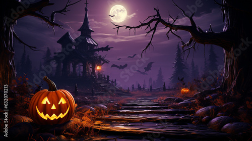Orange pumpkin on purple Background. Halloween web banner
