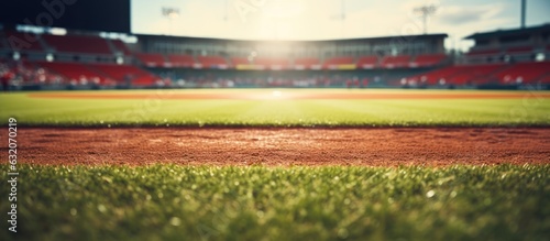 showcases a baseball field at a brightly lit outdoor stadium. The foreground is the main focus, with a shallow depth of field. The background features a blurry view, providing copy space