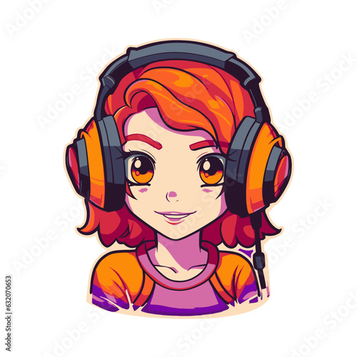 Cute girl in headphones. Cartoon vector illustration.