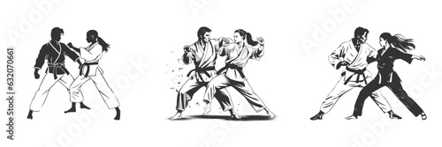 karate woman and man fighting. Black and white vector illustration.